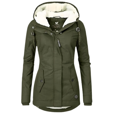 Veste d'hiver femme verte avec capuche doublée de fourrure, fermeture éclair, boutons-pression, poches latérales. Style chaud et élégant.