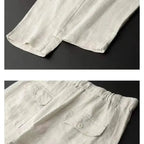 Pantalon en lin beige pour homme, coupe droite, avec poches arrière à boutons, taille élastique, style décontracté, idéal pour l'été.