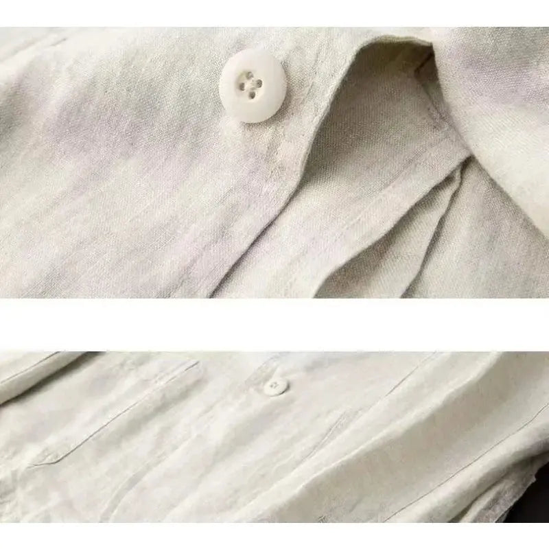 Chemise en lin beige avec bouton blanc, texture légère et plissée, mode élégante et décontractée, vêtement estival tendance pour homme et femme.