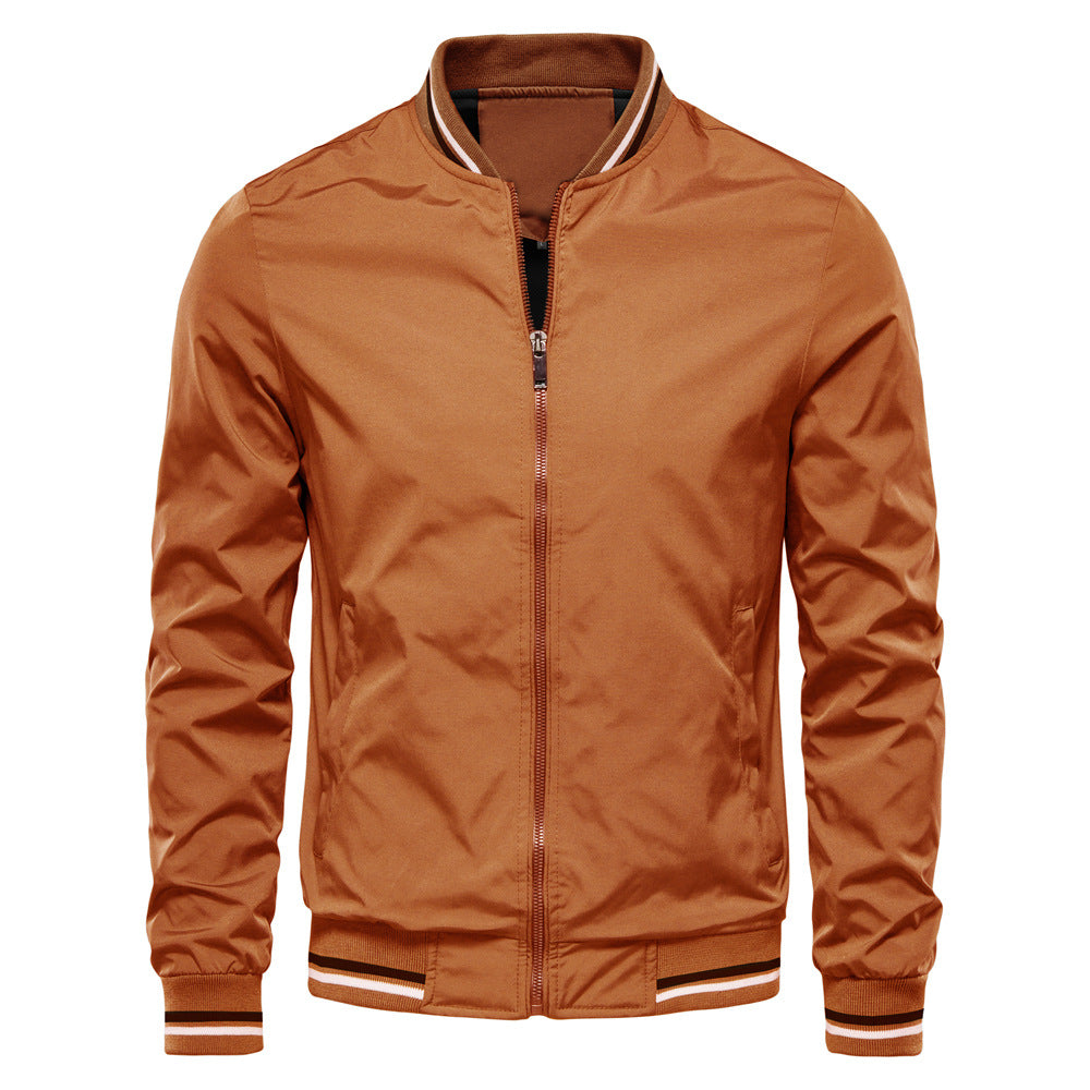 Blouson aviateur marron pour homme, style décontracté, fermeture éclair, col et poignets côtelés, idéal pour mode automne-hiver.