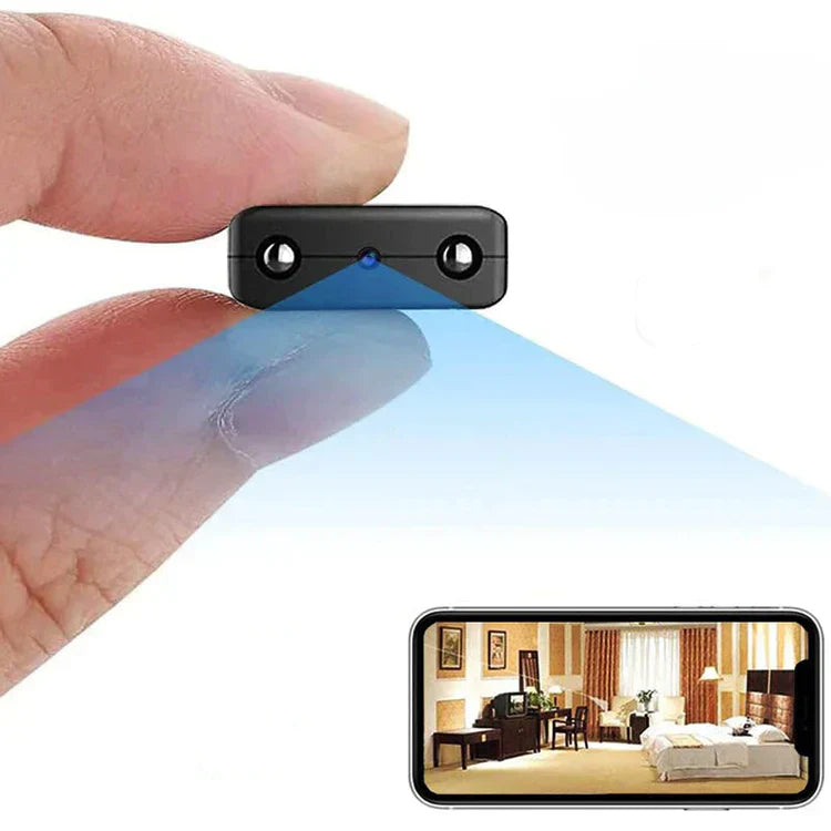 Caméra espion miniature sans fil, discrète, avec vision nocturne, capturant des images haute définition, connectée à un smartphone pour surveillance.