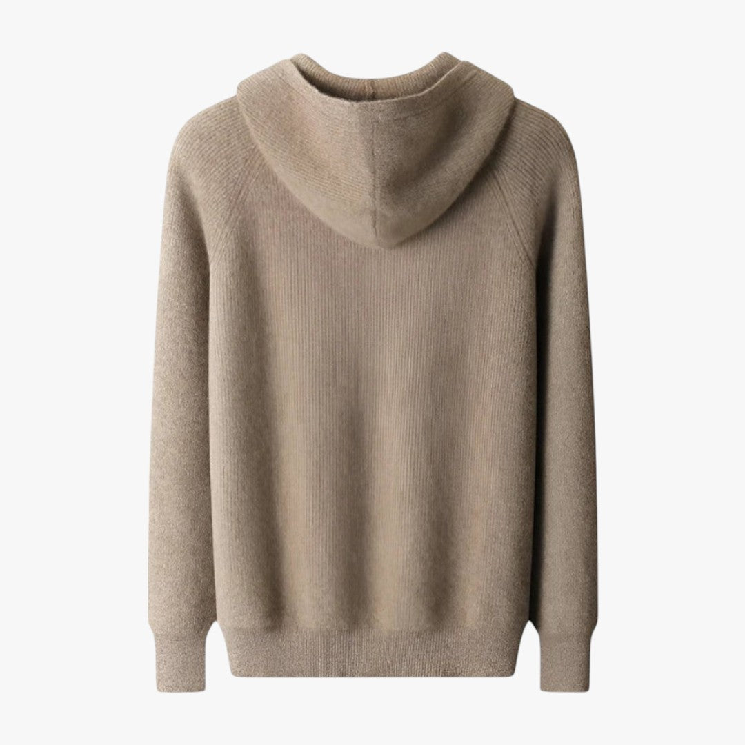 Pull à capuche en laine beige, vue de dos, style décontracté, manches longues, idéal pour l'automne et l'hiver, mode homme et femme.