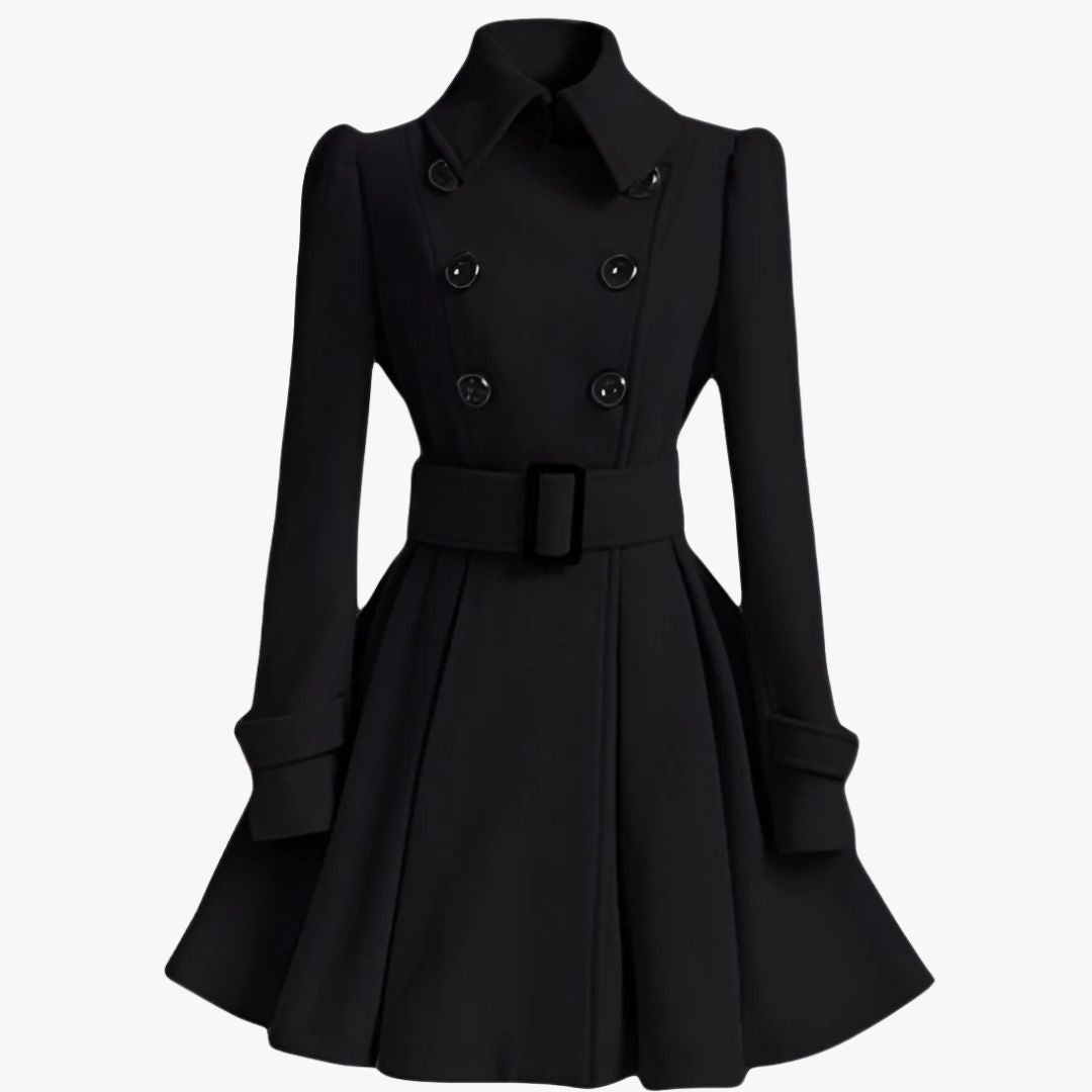Manteau noir élégant pour femme, style trench-coat, avec ceinture et boutons, manches longues, coupe évasée. Mode automne-hiver chic.
