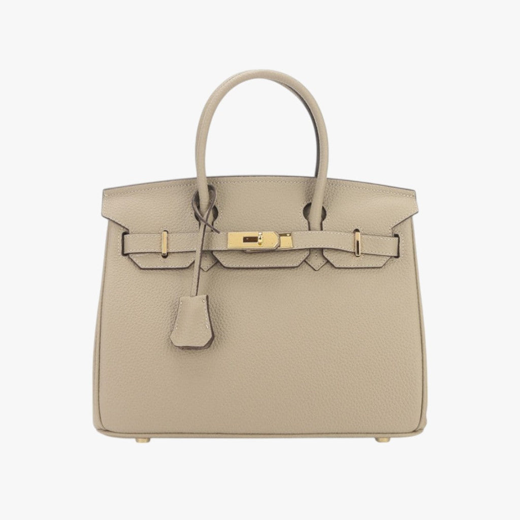 Sac à main de luxe beige en cuir grainé avec fermoir doré, style Birkin. Élégant et intemporel, parfait pour la mode haut de gamme.