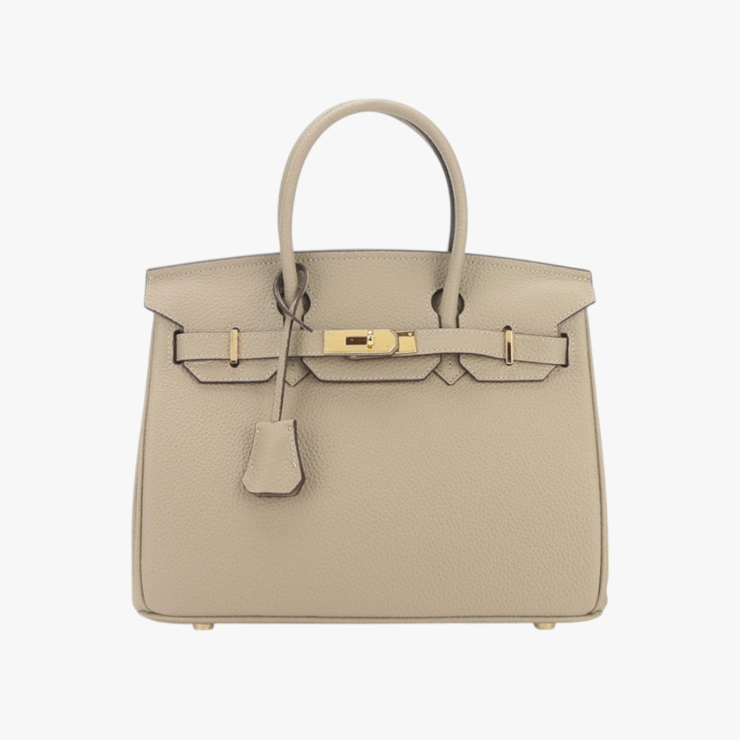 Sac à main de luxe beige en cuir grainé avec fermoir doré, style Birkin. Élégant et intemporel, parfait pour la mode haut de gamme.