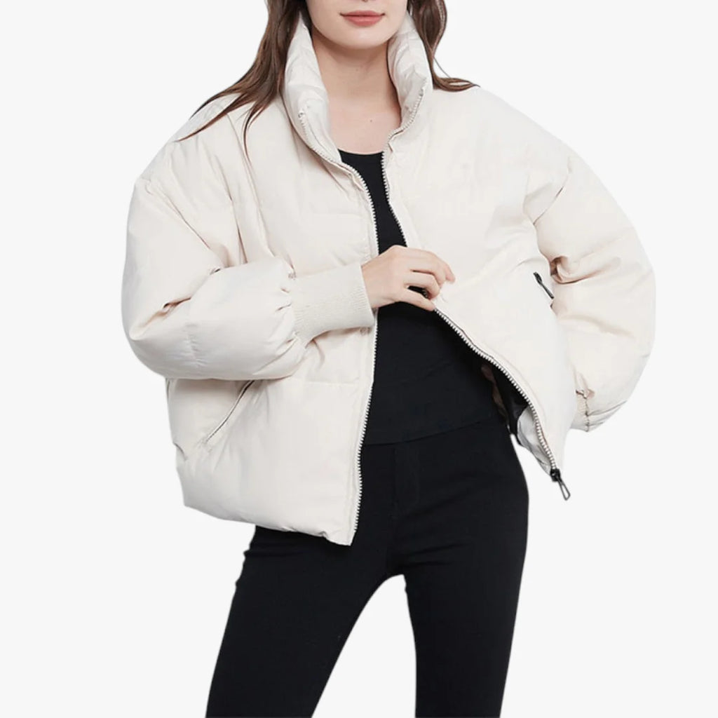 Veste doudoune blanche pour femme, style moderne et décontracté, avec fermeture éclair, col montant, manches longues, idéale pour l'hiver.