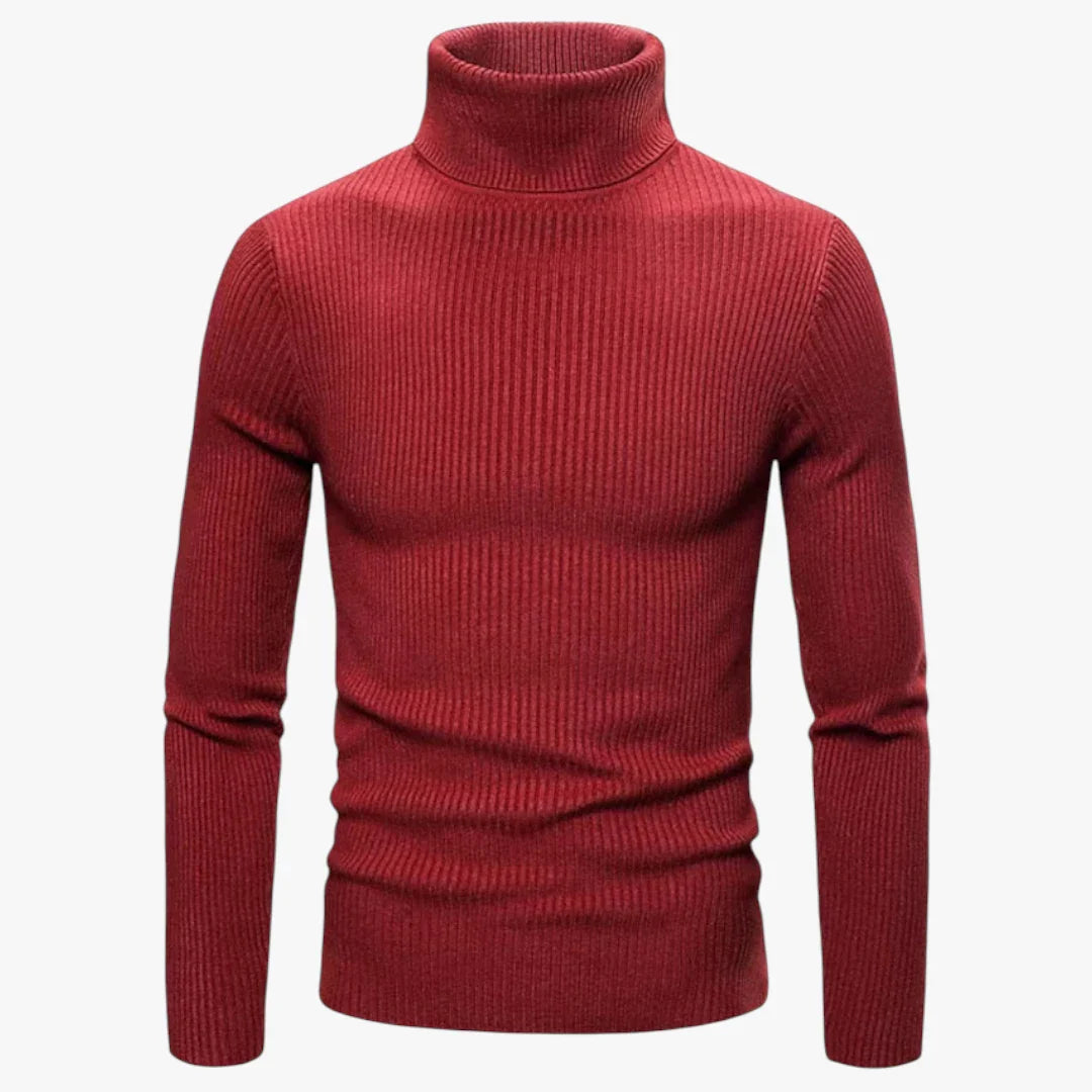 Pull col roulé rouge pour homme, tricoté en laine, manches longues, style élégant et moderne, idéal pour l'hiver et la mode masculine.
