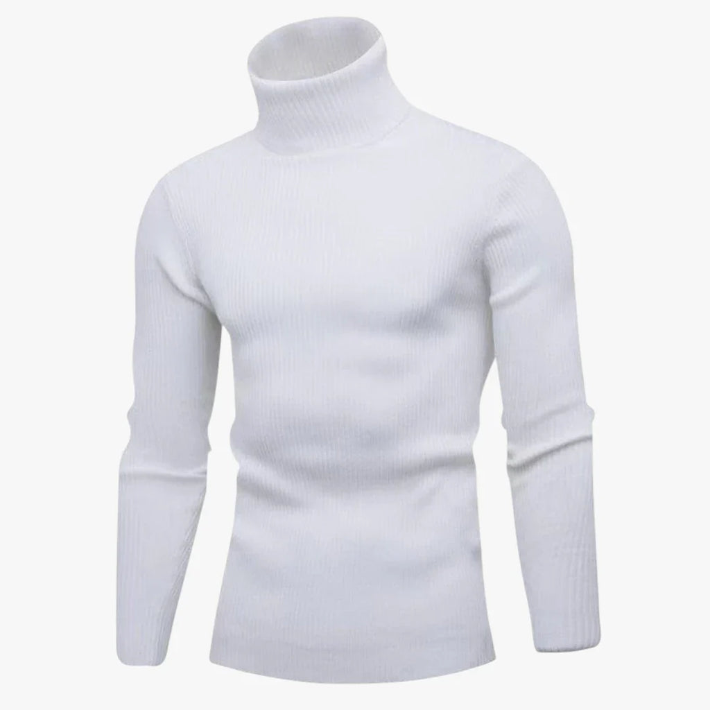Pull col roulé blanc pour homme, manches longues, design élégant et moderne, idéal pour l'hiver. Mode masculine, vêtement chaud et confortable.