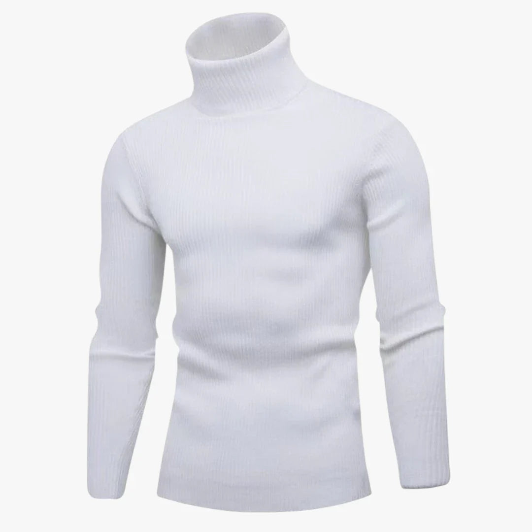 Pull col roulé blanc pour homme, manches longues, design élégant et moderne, idéal pour l'hiver. Mode masculine, vêtement chaud et confortable.