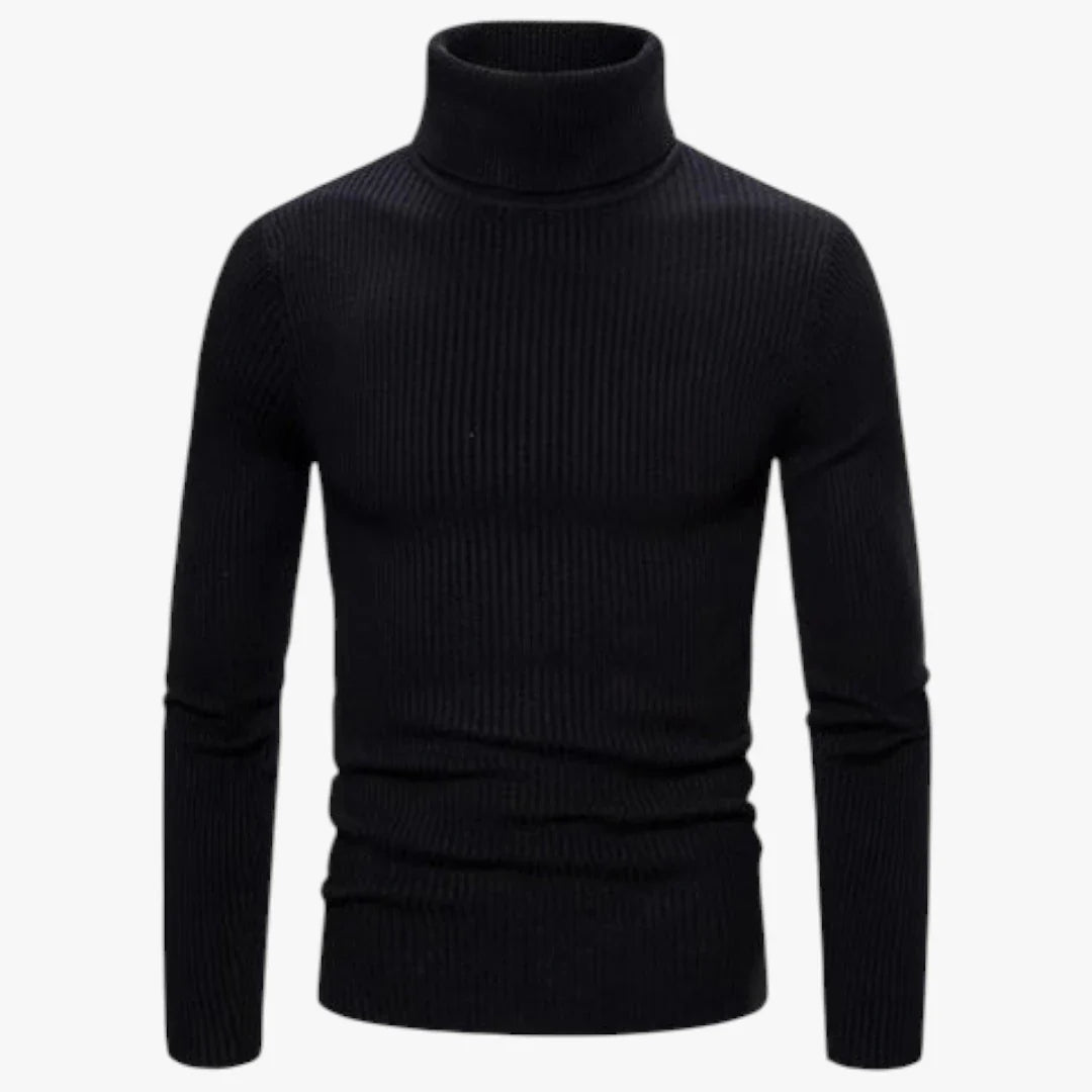 Pull col roulé noir en maille côtelée, manches longues, style élégant et moderne, idéal pour l'hiver et la mode masculine.