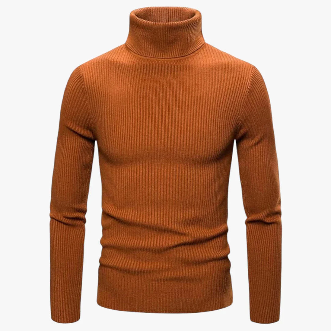Pull col roulé marron pour homme, tricoté, manches longues, style élégant et moderne, idéal pour l'automne et l'hiver. Mode masculine tendance.