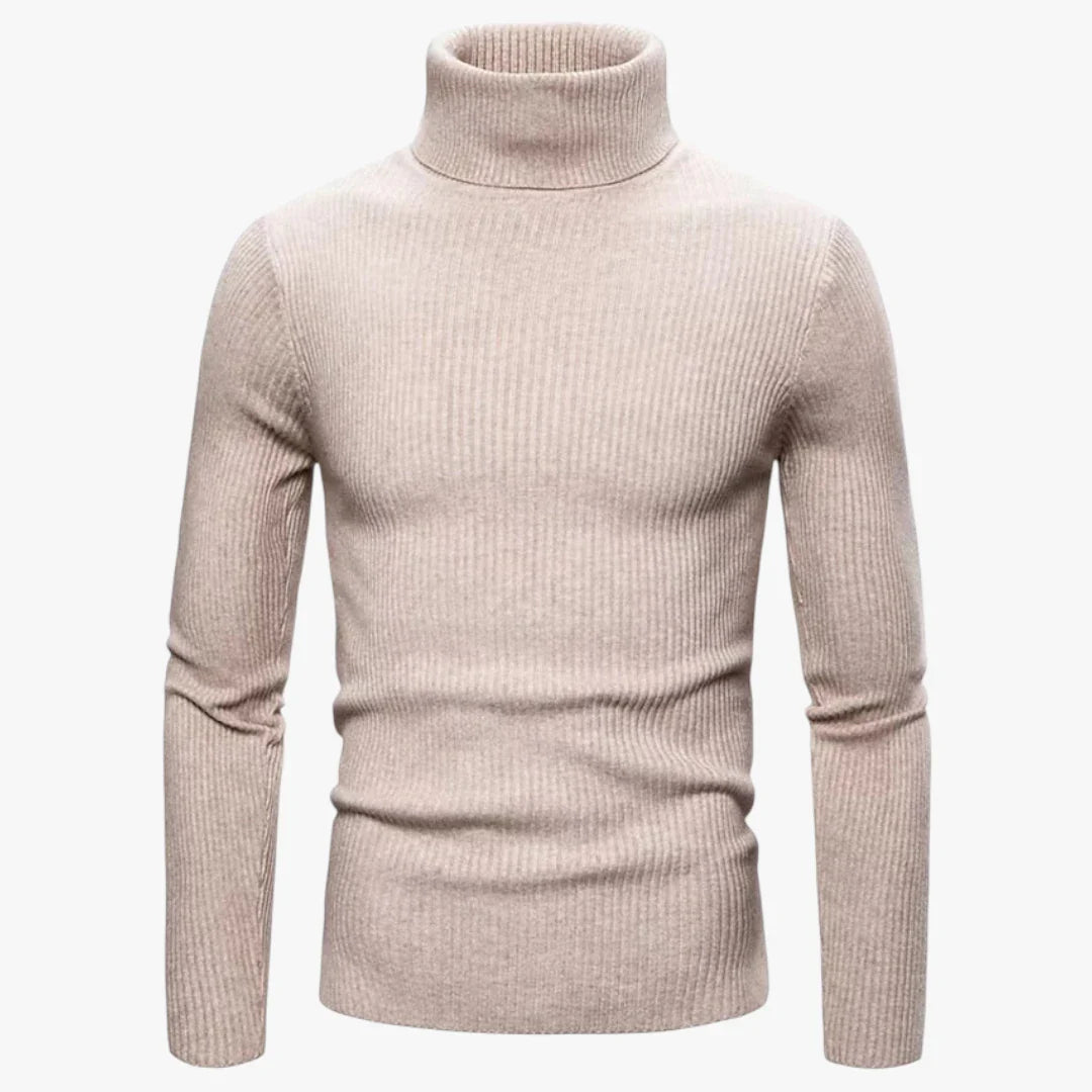 Pull col roulé beige en maille côtelée pour homme, élégant et chaud, idéal pour l'hiver. Mode masculine, vêtement tendance, style décontracté.