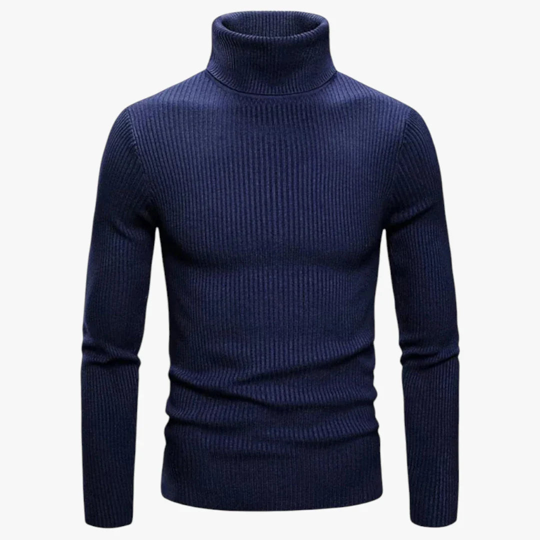 Pull col roulé bleu marine pour homme, tricoté en laine, manches longues, style élégant et moderne, idéal pour l'hiver et la mode masculine.