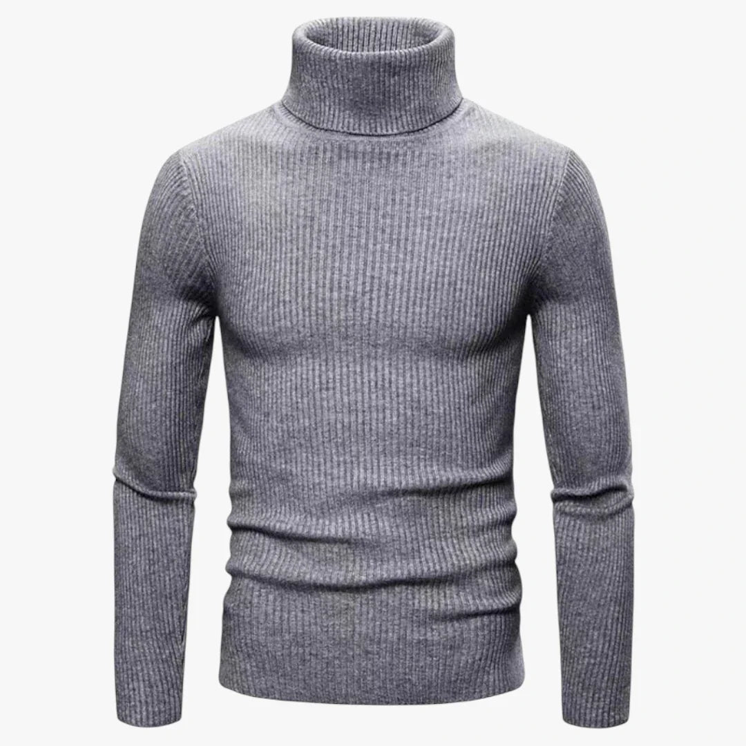 Pull-over col roulé gris pour homme, en laine côtelée, manches longues. Mode hiver élégante, vêtement chaud et confortable.