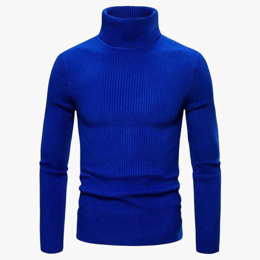 Pull-over col roulé bleu pour homme, tricoté en laine, manches longues, style élégant et moderne, idéal pour l'hiver et la mode masculine.