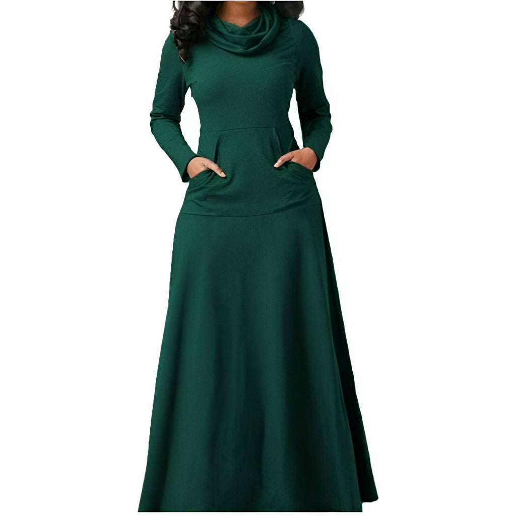 Robe longue verte élégante avec manches longues et poches, col drapé, style chic et moderne, idéale pour soirées ou occasions spéciales.