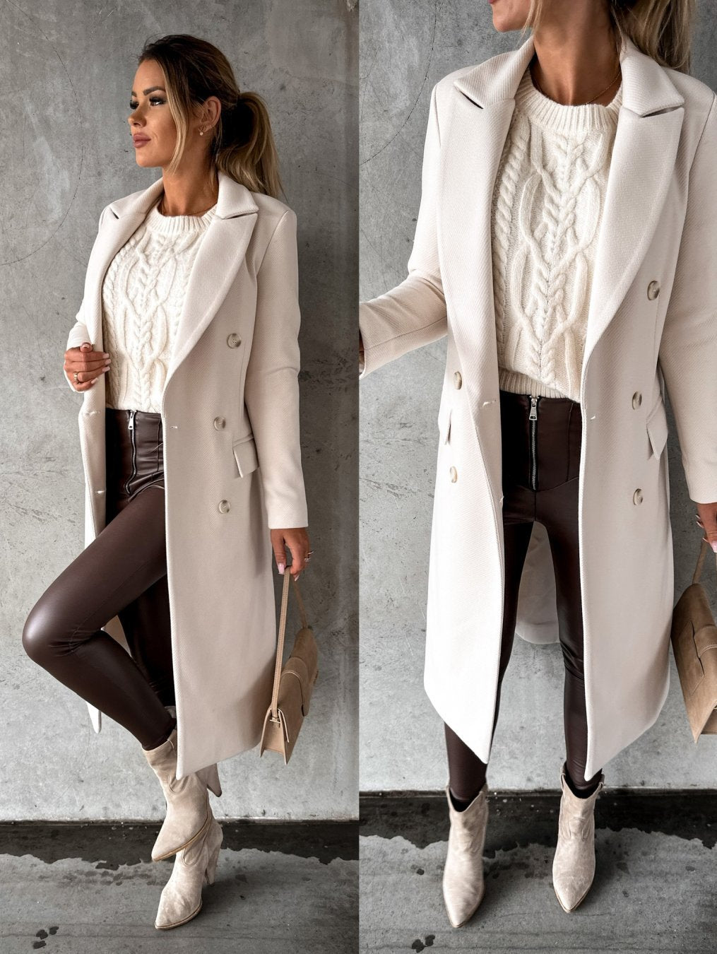 Femme élégante en manteau blanc, pull en maille crème, pantalon en cuir marron et bottines beiges, posant contre un mur gris. Mode automne chic.