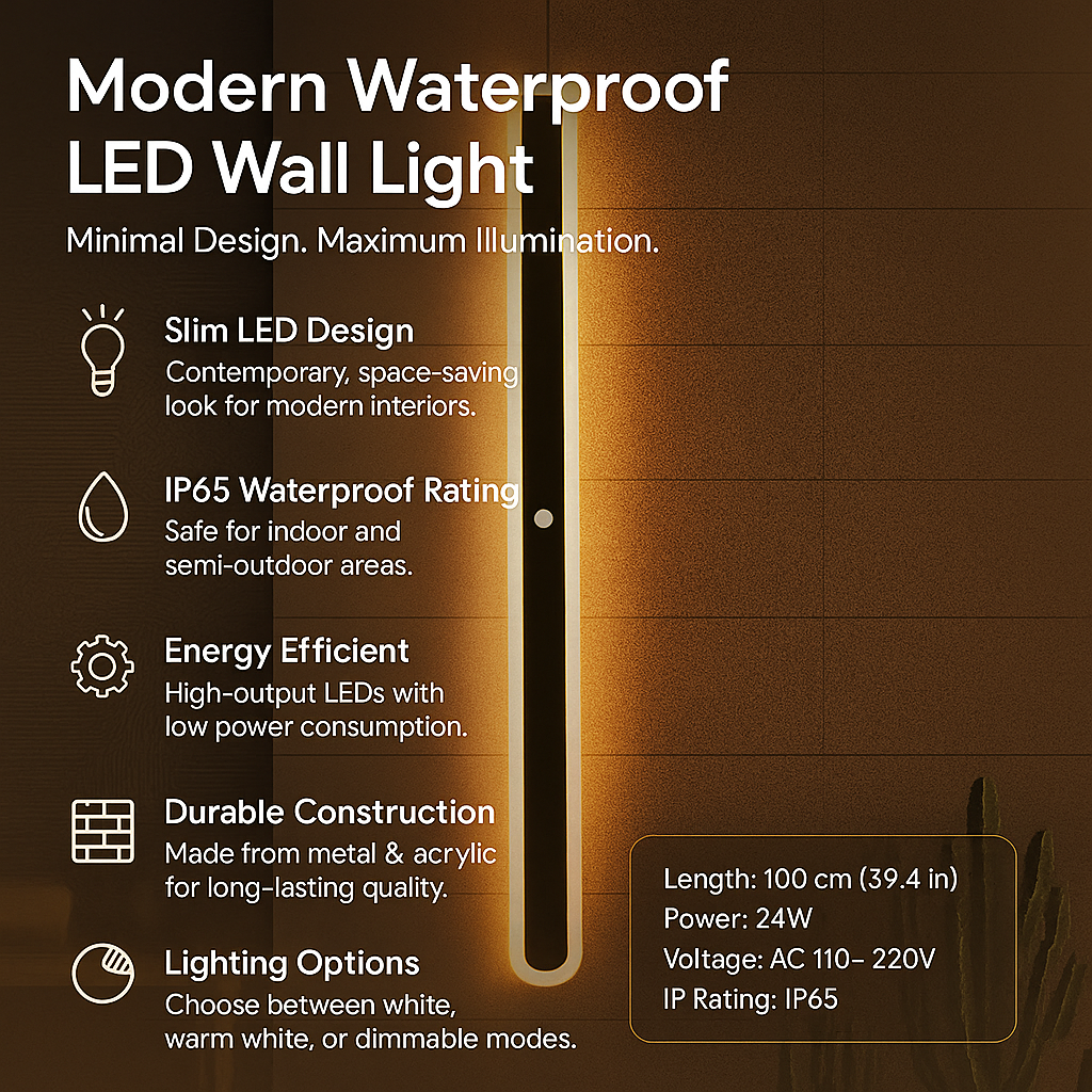Lumière murale LED étanche moderne, design mince, IP65, 100 cm, 24W, écoénergétique, options d'éclairage blanc chaud ou blanc, intérieur/extérieur.