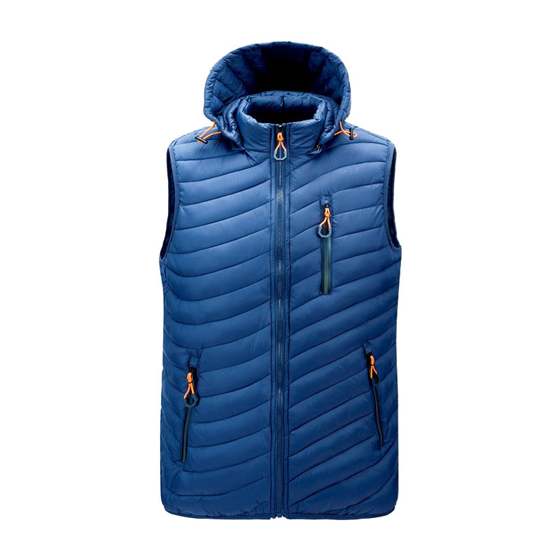 Gilet sans manches bleu pour homme avec capuche, fermeture éclair et poches zippées. Veste légère et matelassée, idéale pour l'hiver.