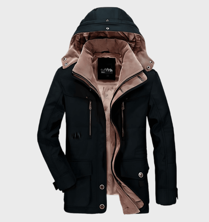 Veste d'hiver noire pour homme avec capuche, doublure beige, poches zippées, idéale pour temps froid. Mode masculine, manteau chaud élégant.