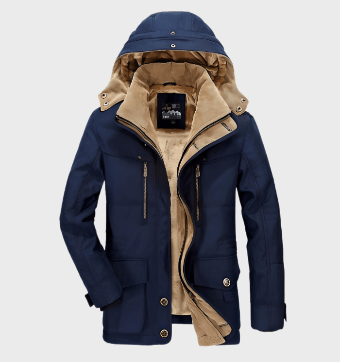 Veste d'hiver homme bleu marine avec capuche, doublure beige, fermeture éclair, boutons, poches zippées. Mode masculine, manteau chaud élégant.