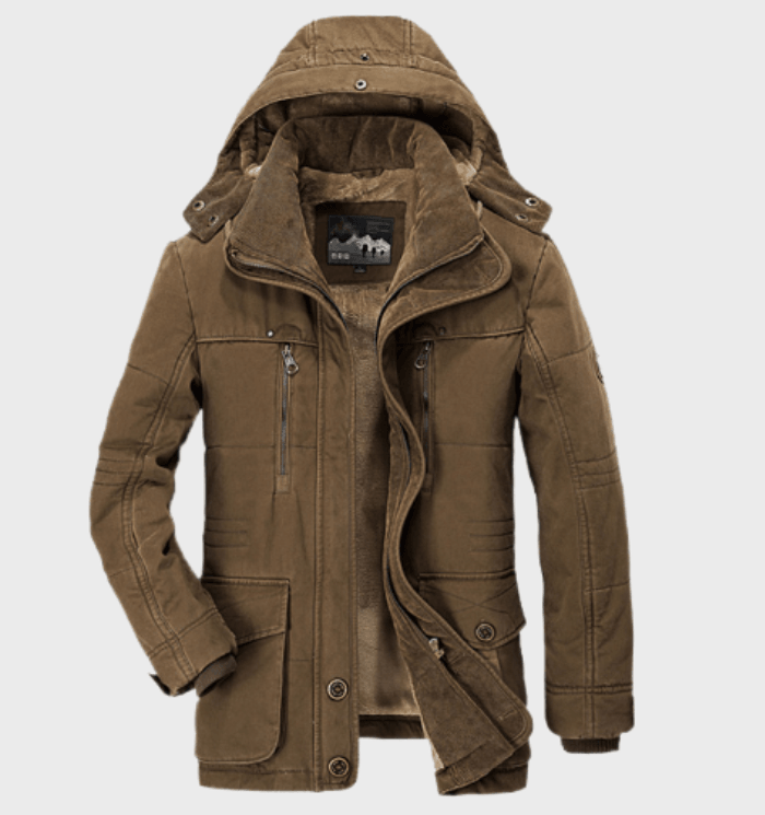Veste d'hiver marron pour homme avec capuche amovible, doublure en fourrure, poches zippées, style décontracté et chaud. Mode masculine hiver.