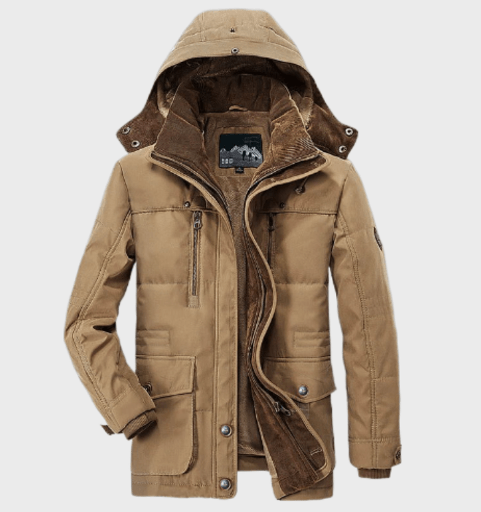 Veste d'hiver marron pour homme avec capuche, fermeture éclair, poches multiples, style décontracté, idéale pour temps froid.
