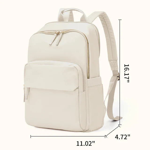 Sac à dos beige élégant avec poches zippées, dimensions 16,17" x 11,02" x 4,72". Idéal pour le travail ou l'école. Design moderne et fonctionnel.