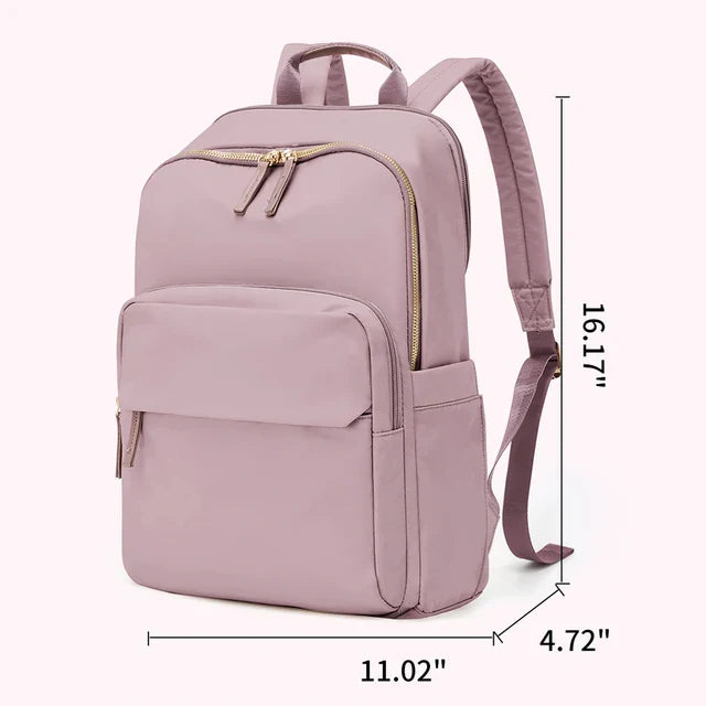Sac à dos rose pastel avec poches zippées, bretelles réglables, dimensions 16,17"x11,02"x4,72". Idéal pour école, voyage, quotidien.