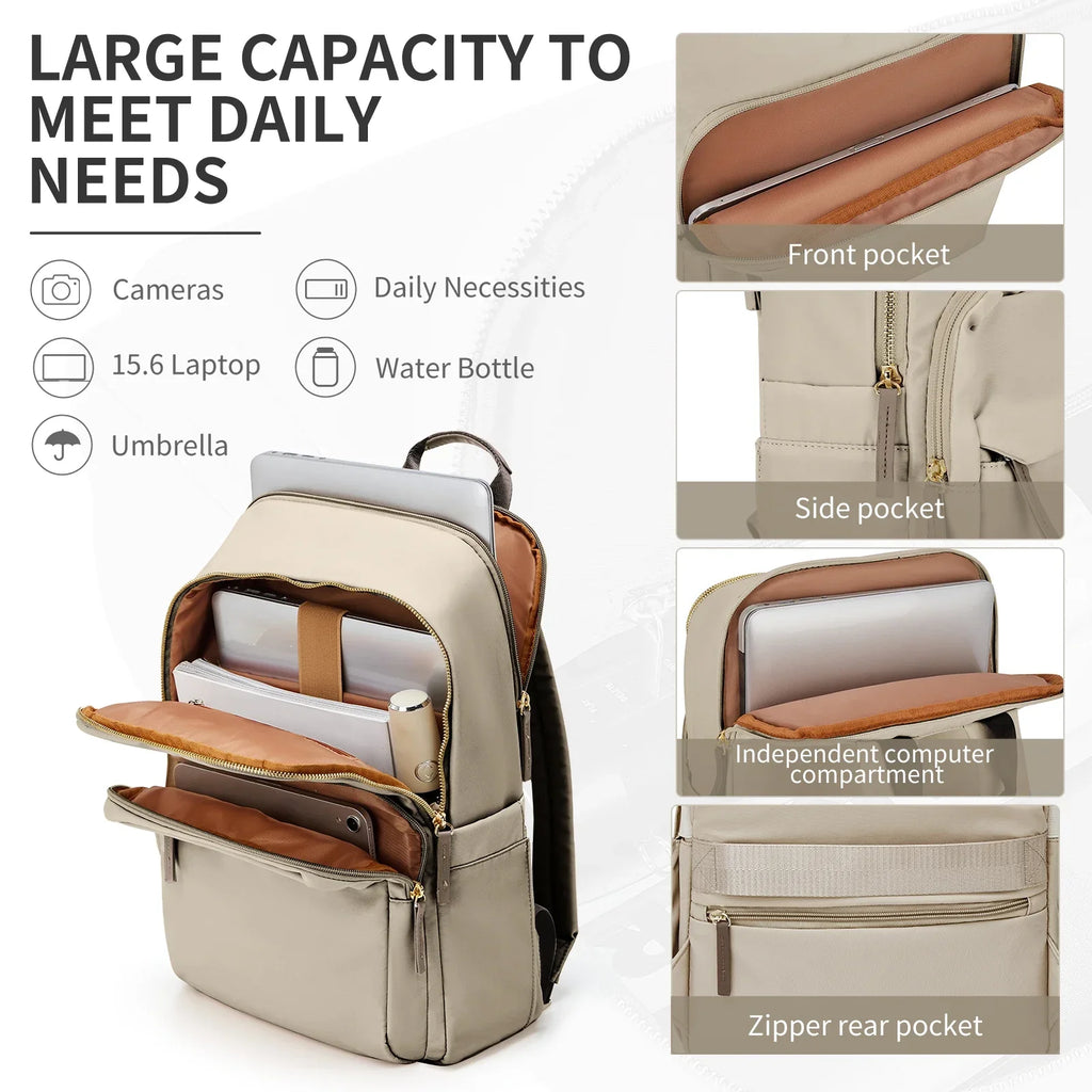 Sac à dos beige multifonction avec grande capacité, poches avant et latérales, compartiment pour ordinateur portable 15,6", idéal pour appareils photo et accessoires.