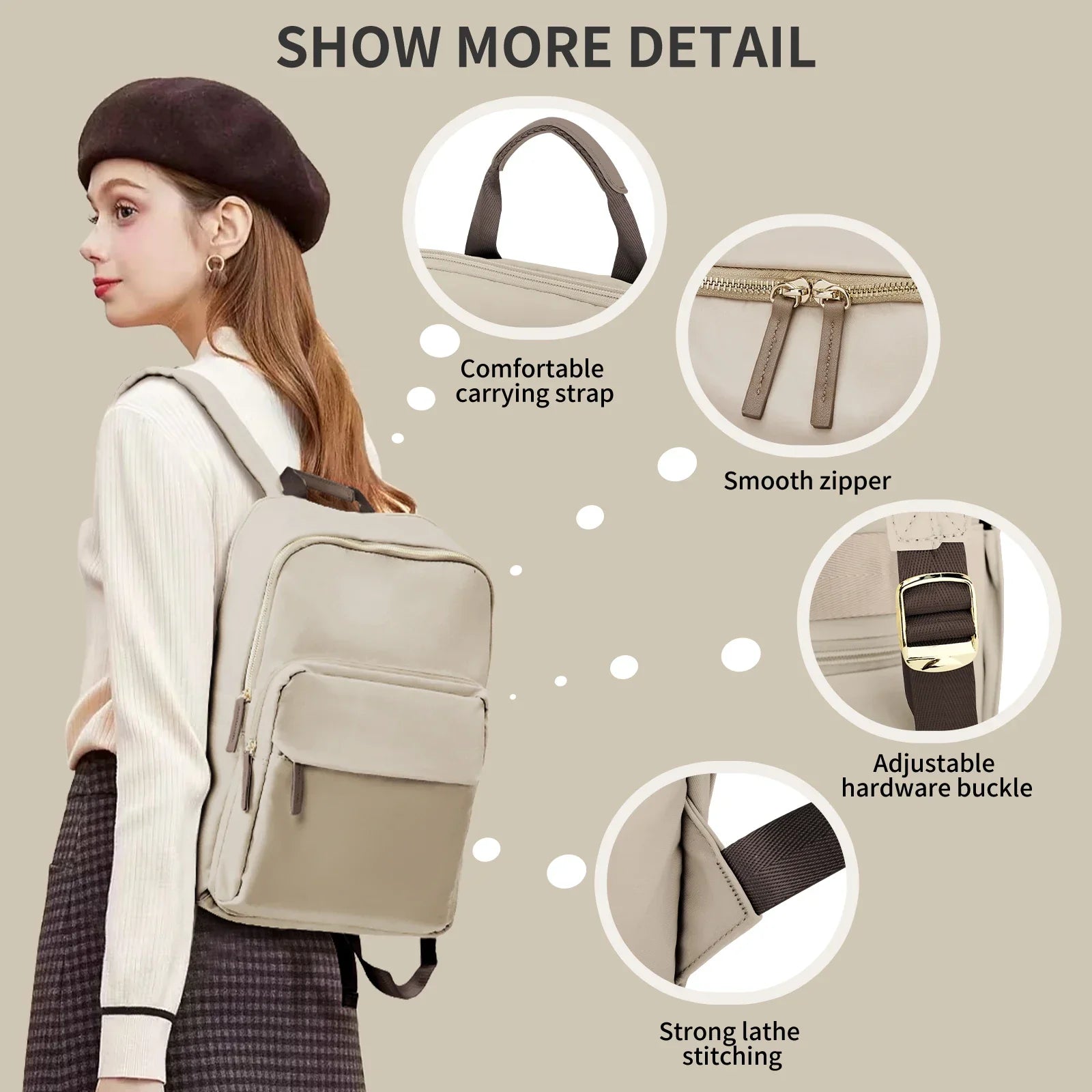 Jeune femme portant un sac à dos beige avec bretelles confortables, fermeture éclair lisse, boucle réglable et coutures solides. Accessoire mode pratique.
