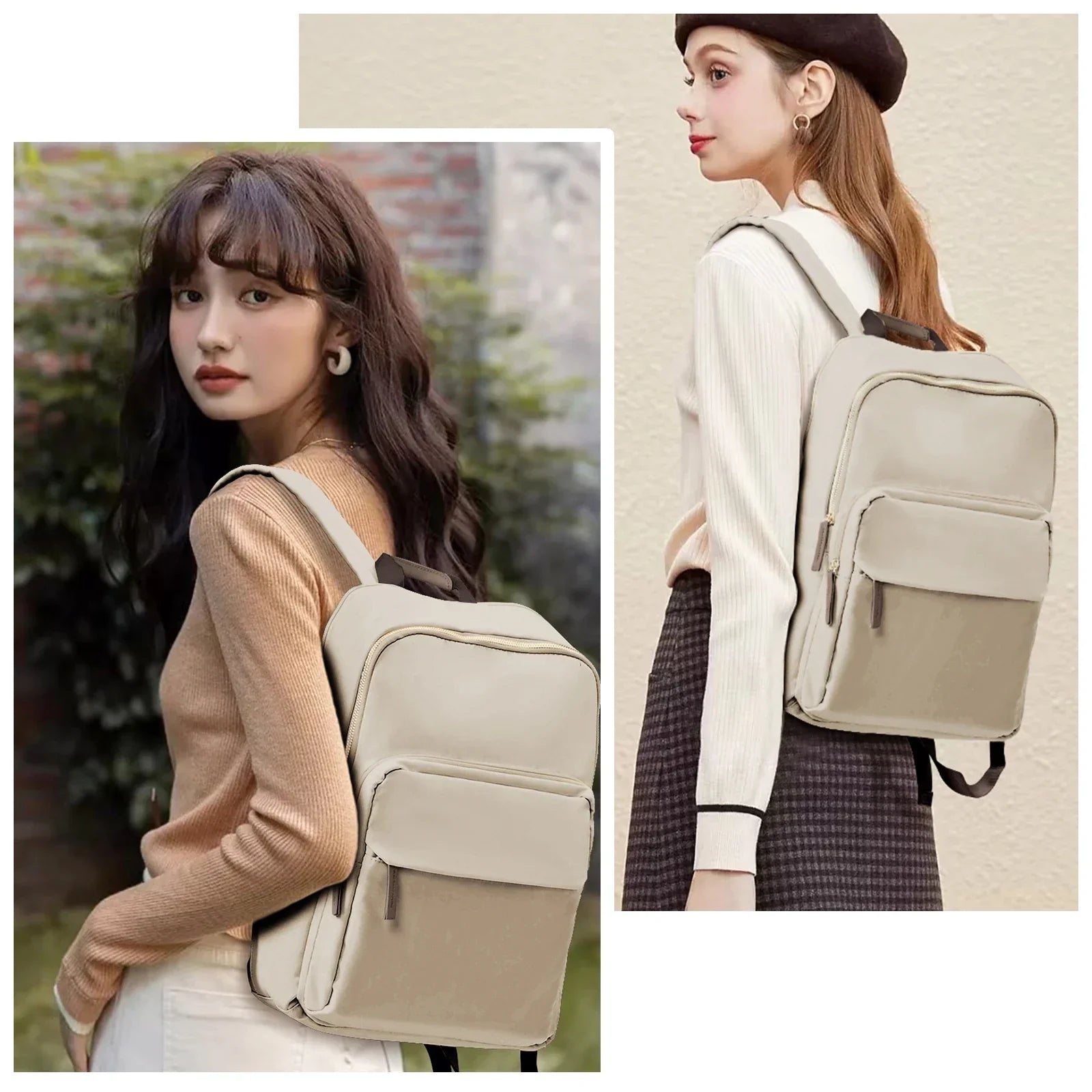 Deux femmes portant un sac à dos beige élégant, idéal pour la mode urbaine. Accessoire tendance pour femmes, parfait pour le quotidien et les voyages.