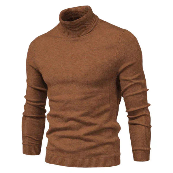 Pull col roulé marron pour homme, manches longues, tricoté, élégant et chaud. Mode automne-hiver, style décontracté chic.