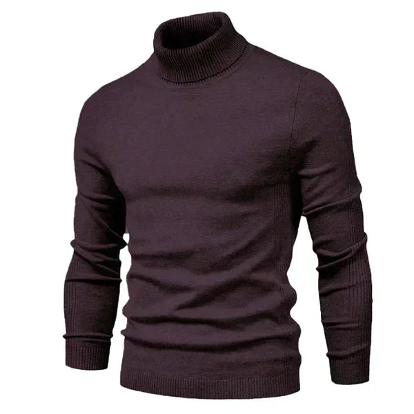 Pull col roulé homme en laine marron foncé, manches longues, style élégant et chaud, idéal pour l'hiver et la mode masculine contemporaine.