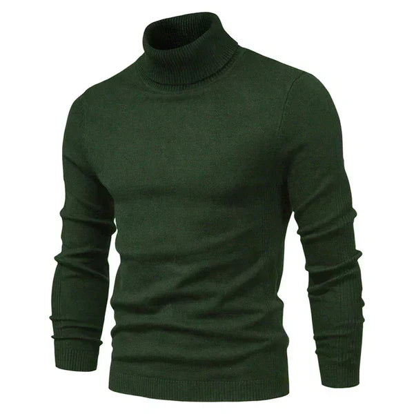 Pull-over col roulé vert foncé pour homme, manches longues, style élégant et moderne, idéal pour l'hiver et la mode masculine.