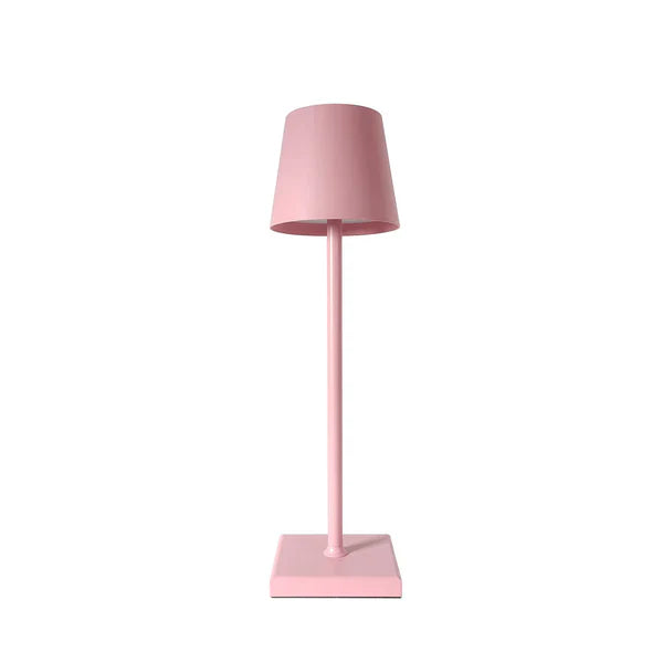 Lampe de table rose moderne avec abat-jour cylindrique, design minimaliste, idéale pour décoration intérieure, éclairage d'ambiance élégant.
