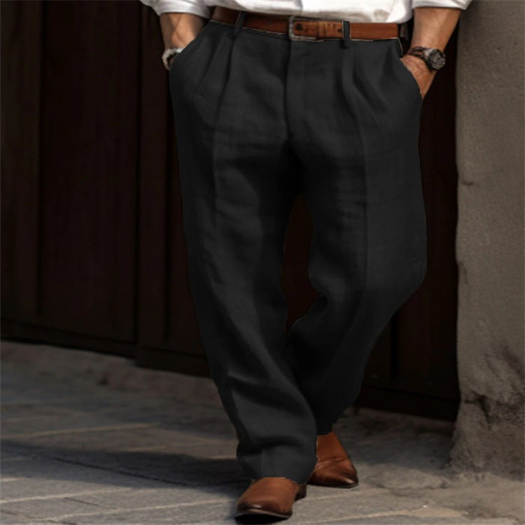Pantalon en lin noir pour homme, élégant et décontracté, avec ceinture marron et chaussures en cuir, idéal pour mode masculine estivale.