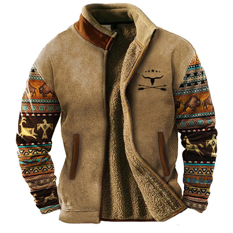 Veste en laine beige avec motifs amérindiens colorés sur les manches, doublure en fourrure, et logo de bison et flèches sur la poitrine.