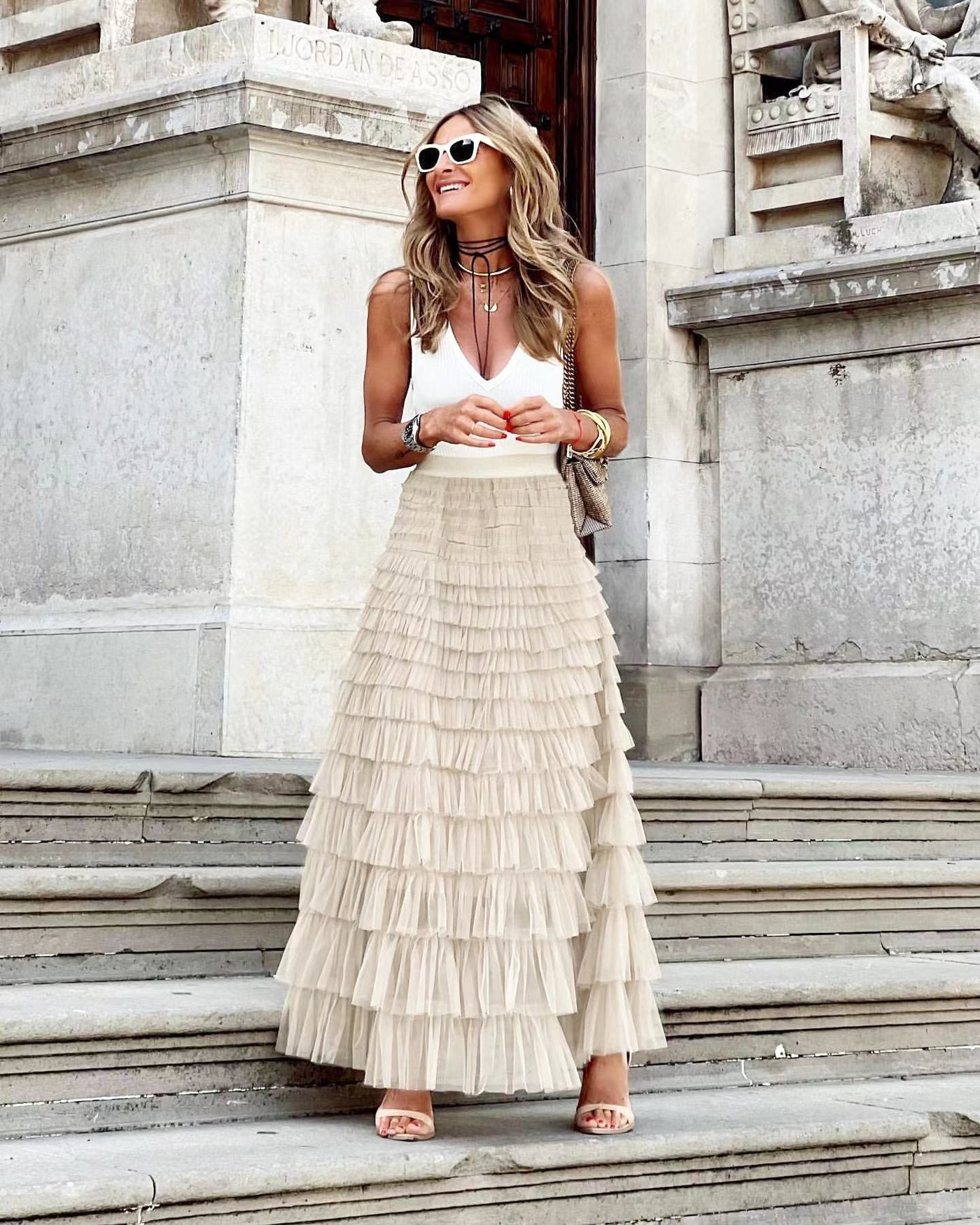 Falda midi de tul con diseño elegante de línea A para mujer