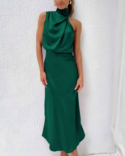 Elodie | Vestido largo de satén para mujer: elegante vestido de primavera sin mangas con corte fluido.