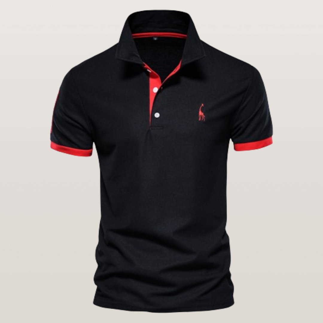 Polo noir homme avec col et manches rouges, logo brodé, style décontracté élégant. Mode masculine, vêtement tendance, tenue chic.
