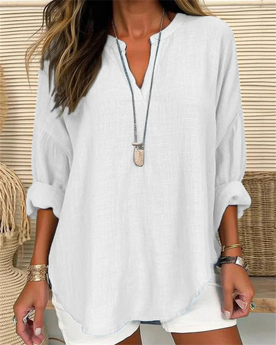 Camisa de manga larga holgada de lino y algodón con cuello mandarín para mujer