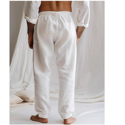 Pantalones de lino para hombre de corte holgado con cintura transpirable con cordón.