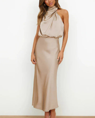 Elodie | Vestido largo de satén para mujer: elegante vestido de primavera sin mangas con corte fluido.