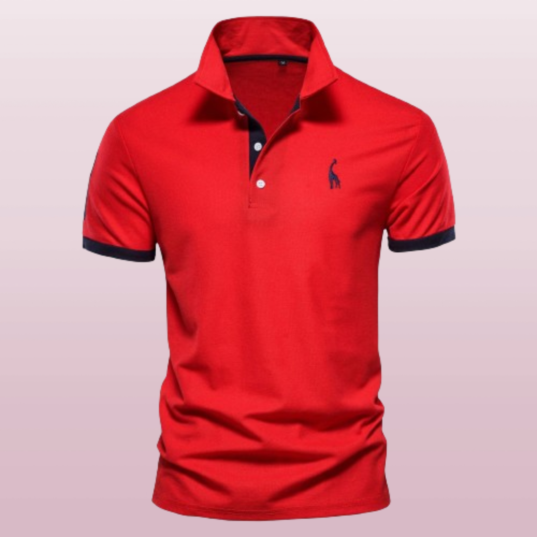 Polo rouge élégant avec col contrasté noir, logo brodé, manches courtes, idéal pour mode masculine, style décontracté et chic.