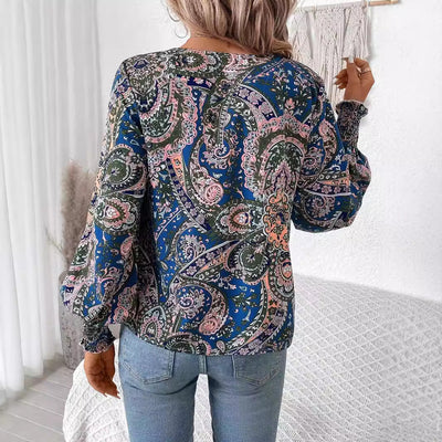 Blusa estampada para mujer con cuello en V: camisa elegante y cómoda con mangas farol.