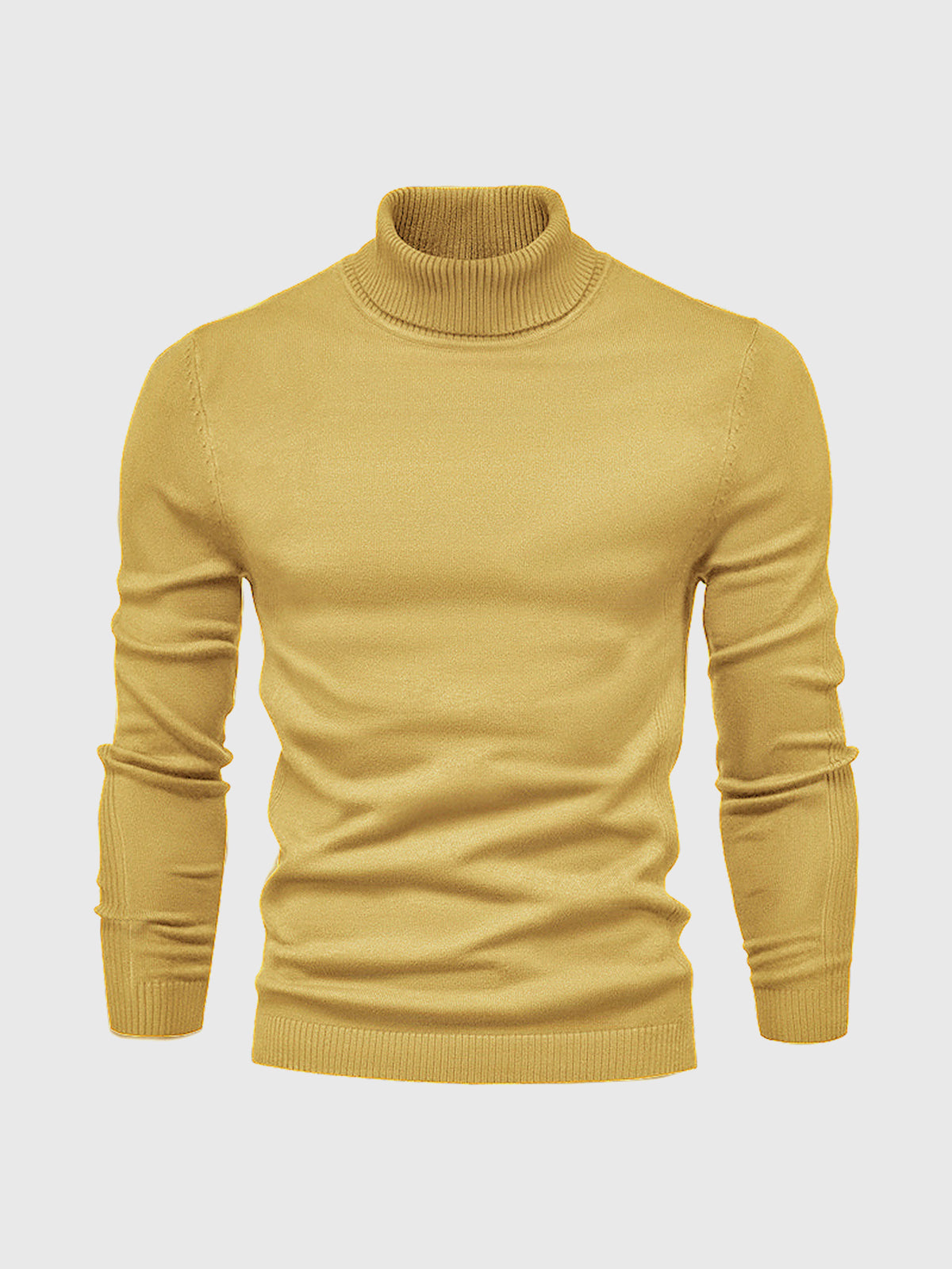 Pull col roulé jaune moutarde pour homme, manches longues, style élégant et moderne, idéal pour l'automne et l'hiver. Mode masculine tendance.