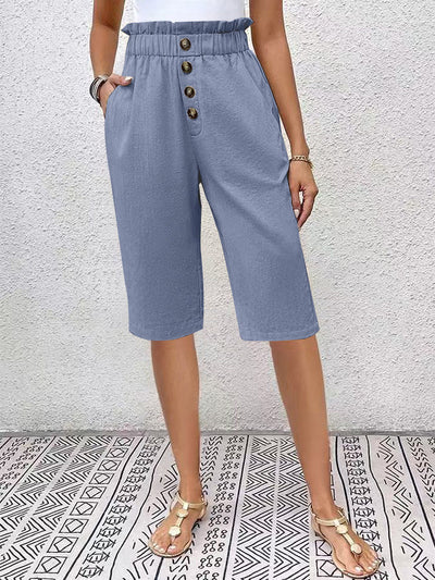 Bermudas para mujer - Corte holgado - Cintura elástica - Botones delanteros - Tejido ligero