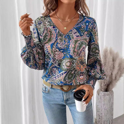 Blusa estampada para mujer con cuello en V: camisa elegante y cómoda con mangas farol.