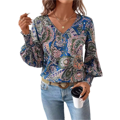 Blusa estampada para mujer con cuello en V: camisa elegante y cómoda con mangas farol.